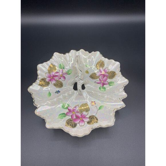 Floral Vintage Hand-Painted Dish w/ Handle, Cherry Blossom Moriage Design - Picture 1 of 5